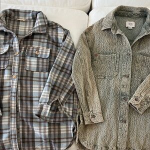 BDG Green Knit Shacket with Blue & Brown Plaid Button-Up